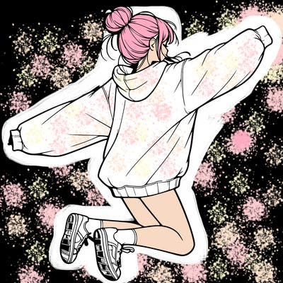 realistic girl jumping with a bun and oversized sweatshirt