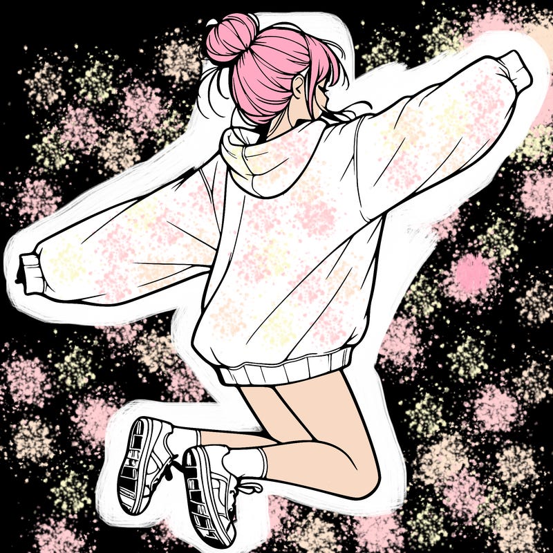 realistic girl jumping with a bun and oversized sweatshirt