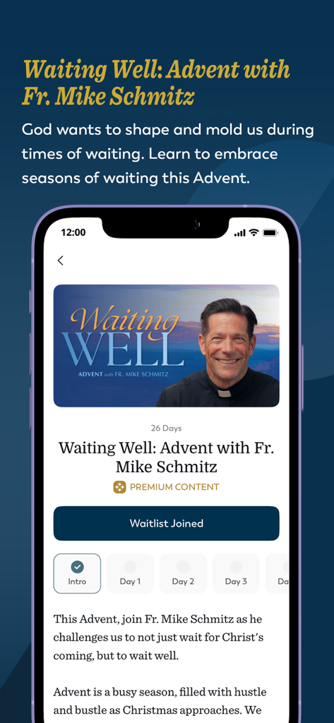 Ascension: Catholic Bible - Interfaz de la aplicación Ascension Catholic Bible con el estudio de Adviento Waiting Well con el Padre Mike Schmitz