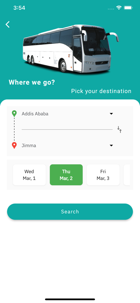 Hulubeje | Hulu beje - Hulubejeアプリのバスチケット検索画面。アディスアベバとジマ間の移動用。