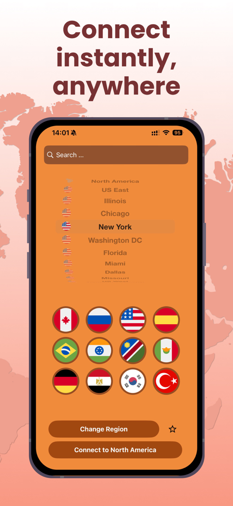 Dash VPN app interface showing a list of global server locations and international country flags for easy connection