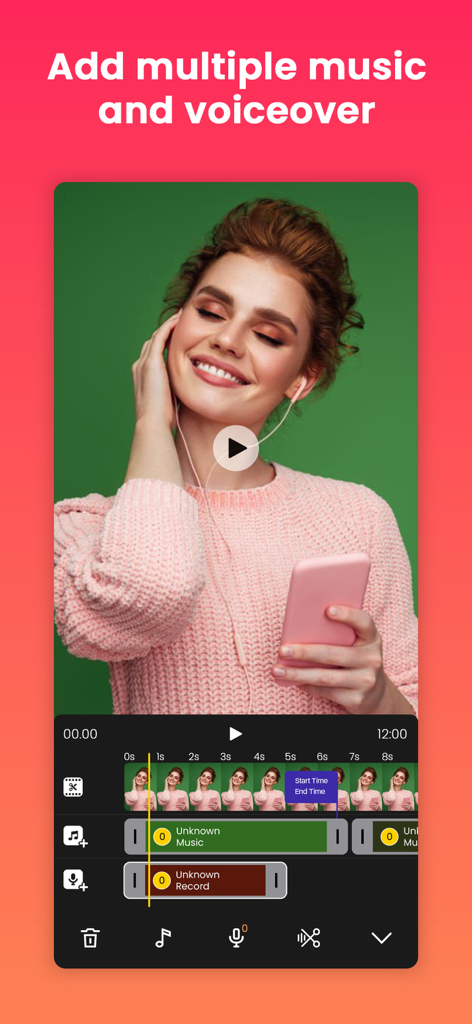 Linha do tempo de edição de vídeo do Quick Edit mostrando várias faixas de música e narração