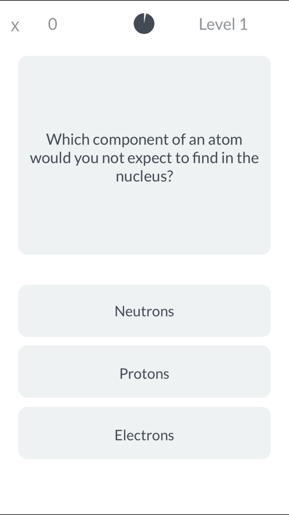 Science Trivia - A science trivia mobile app screen showing a question about atom components with multiple choice answers