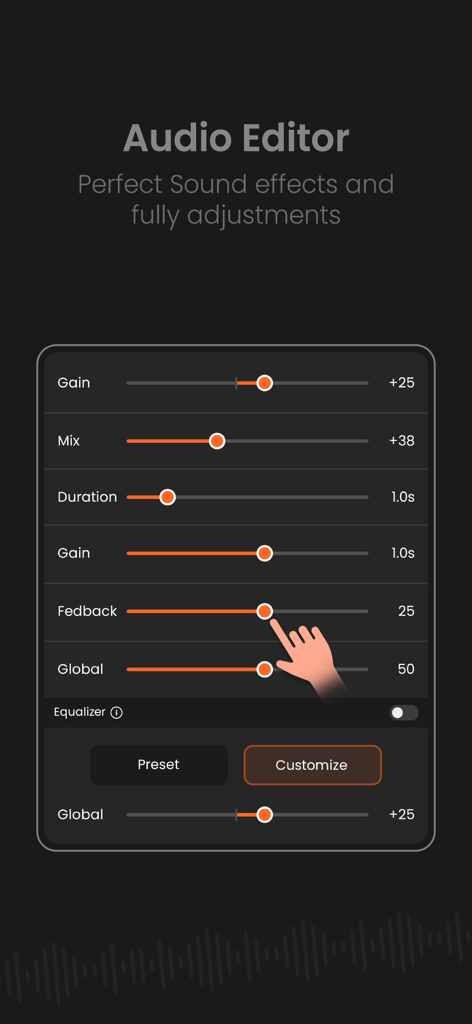 AudioLab Audio Editor Recorder - Écran mobile montrant des curseurs d'édition audio pour le gain et les effets sonores.