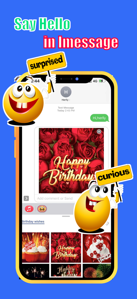 Daily Stickers app showing Happy Birthday stickers and cartoon emojis in an iMessage conversation