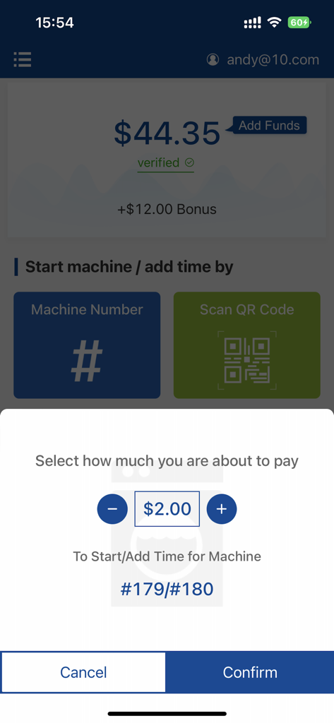 Coinamatic CP Mobile - Coinamatic CleanPay Mobile app payment confirmation screen showing a two dollar charge for a laundry machine