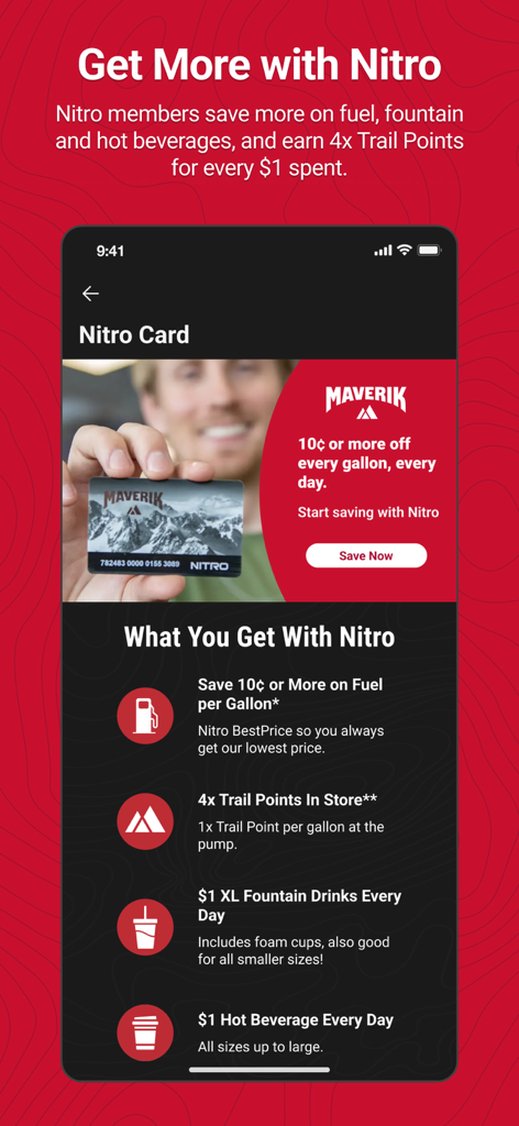 Maverik Rewards - Maverik Nitro Card benefits screen showing fuel savings and rewards