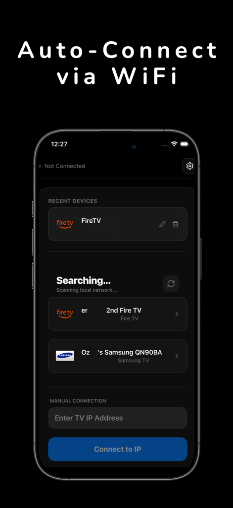TV Remote Controller: Touchpad - UniRemote app screen showing automatic connection to FireTV and Samsung smart TVs via WiFi.