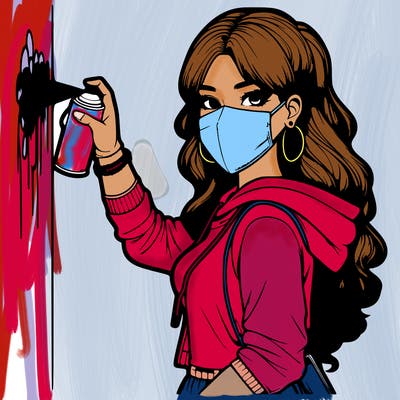 realistic girl with mask spray painting a wall
