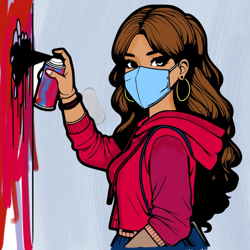 realistic girl with mask spray painting a wall