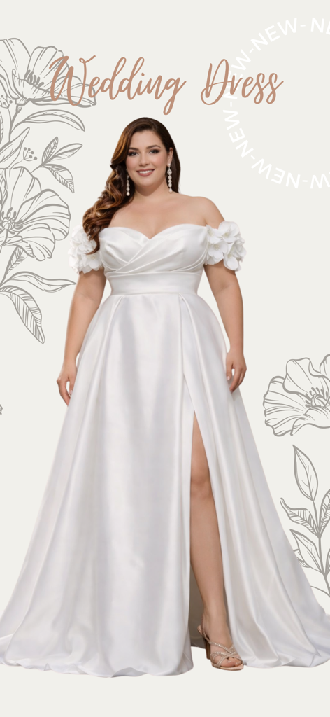 Plus Size Wedding Dress Shop - Eine kurvige Frau trägt ein weißes schulterfreies Brautkleid mit floralen Ärmelakzenten und einem seitlichen Schlitz
