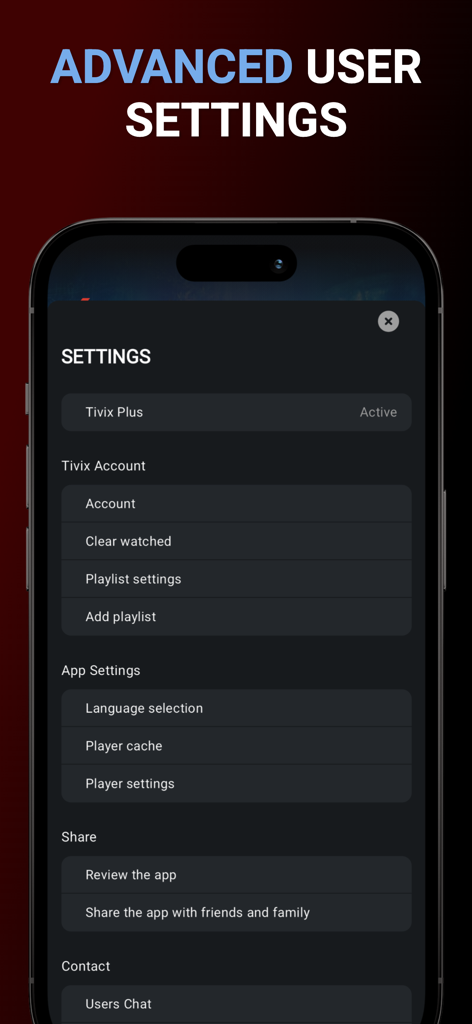 Advanced user settings menu in the Tivix IPTV Player mobile app