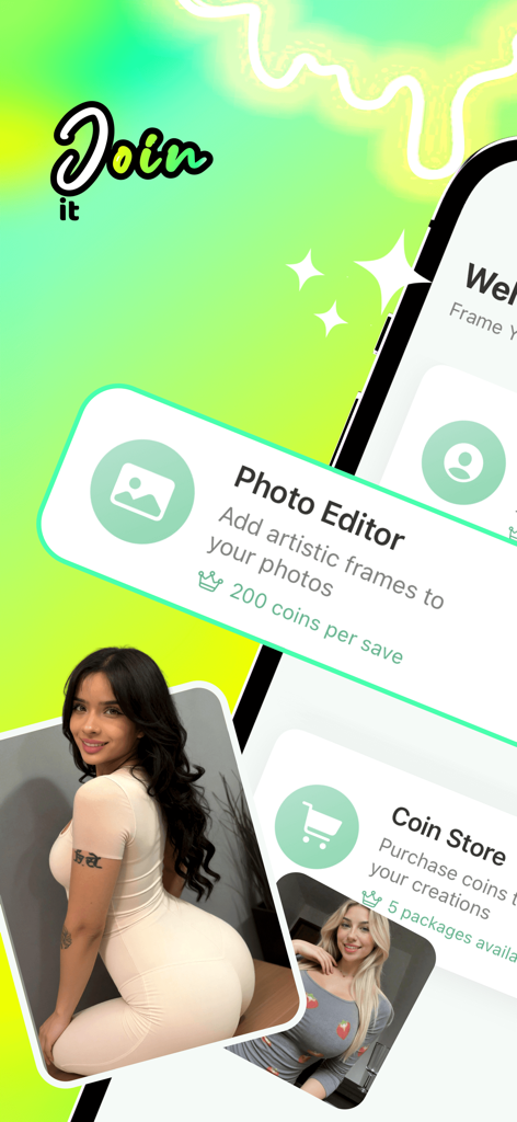 Mako Creator Verse app menu showing photo editor and coin store