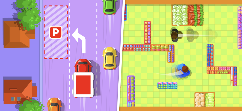 Supermarket Game - Shopping - 슈퍼마켓에서 배달 트럭 운전 및 도둑 잡기 미니 게임의 탑다운 뷰.