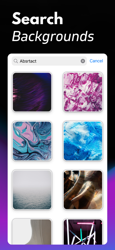 A mobile app screen showing a search for abstract backgrounds with a grid of artistic textures and landscapes.