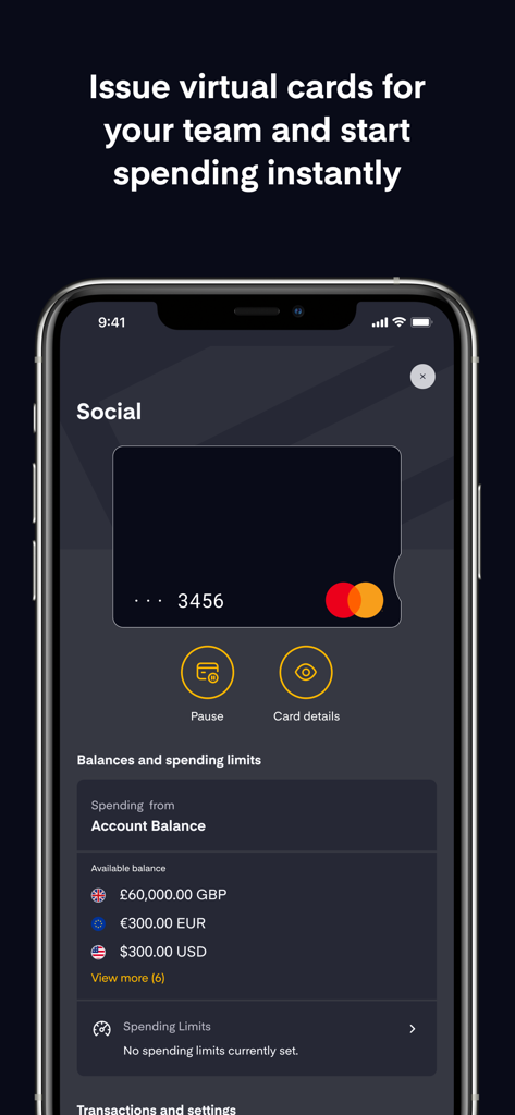 Equals Money - Equals Money app screen displaying a virtual business card and currency balances