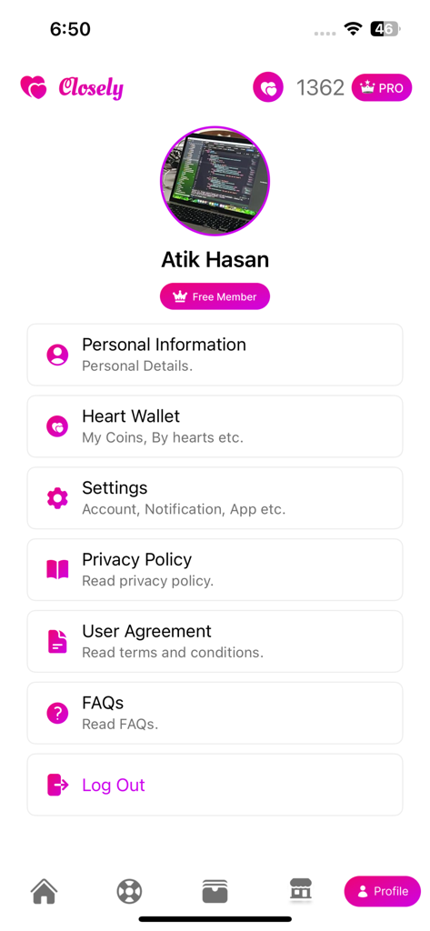 Closely - Live Video Chat - User profile settings screen in the Closely app showing account options and heart credits balance