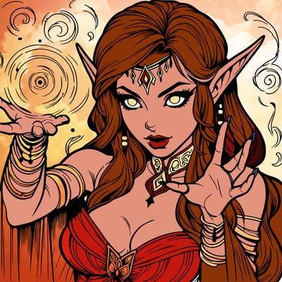 realistic scary beautiful elf sorceress casting spell