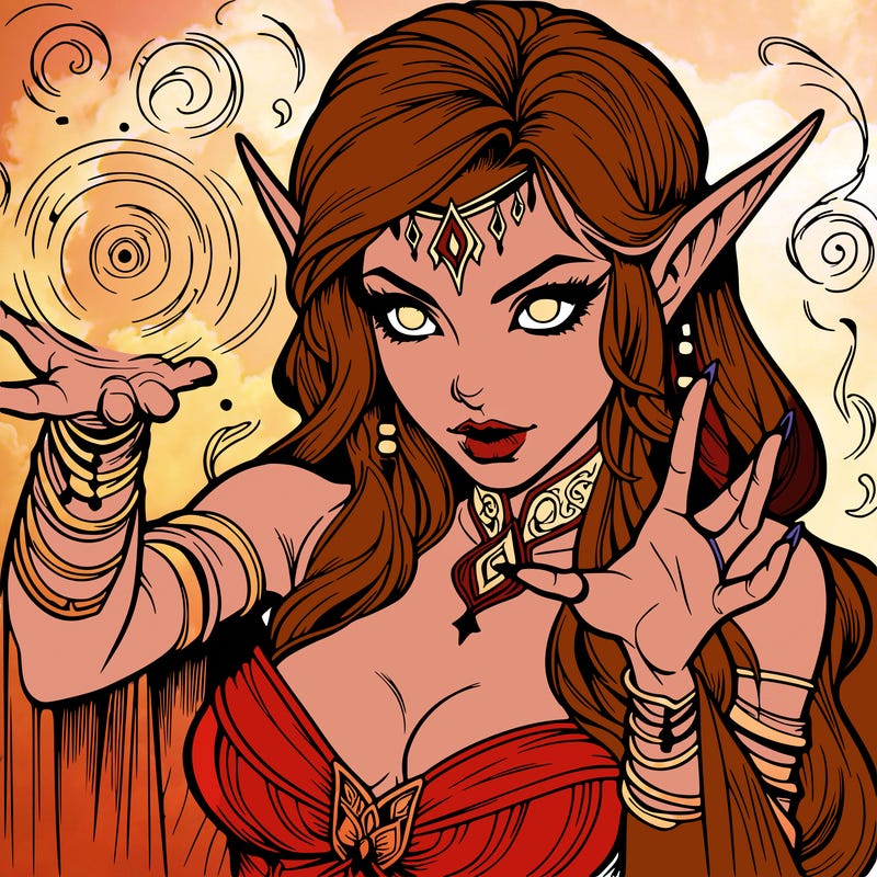 realistic scary beautiful elf sorceress casting spell
