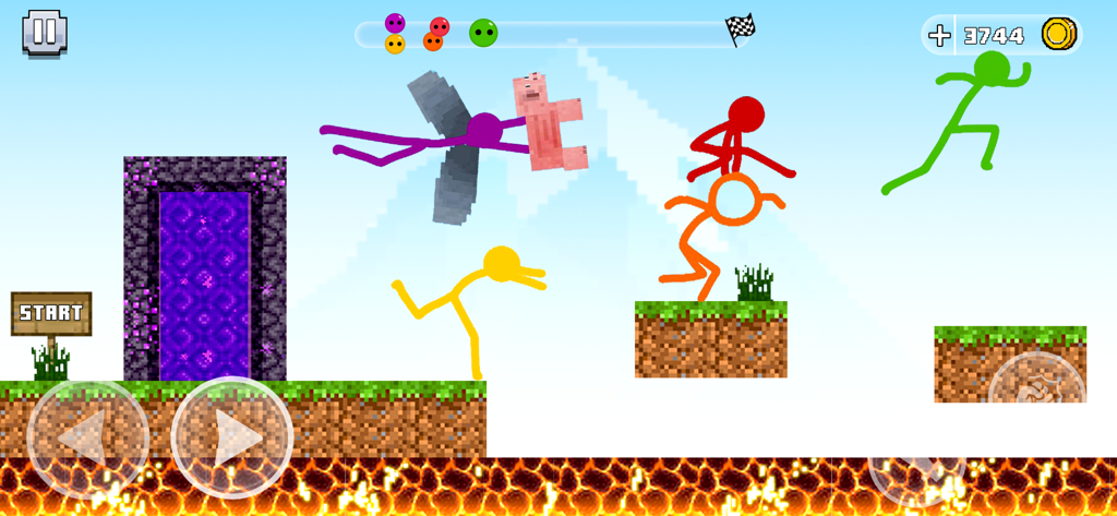 Stickman Parkour Race & Jump - Colorful stickman characters performing parkour jumps in a block craft world over lava