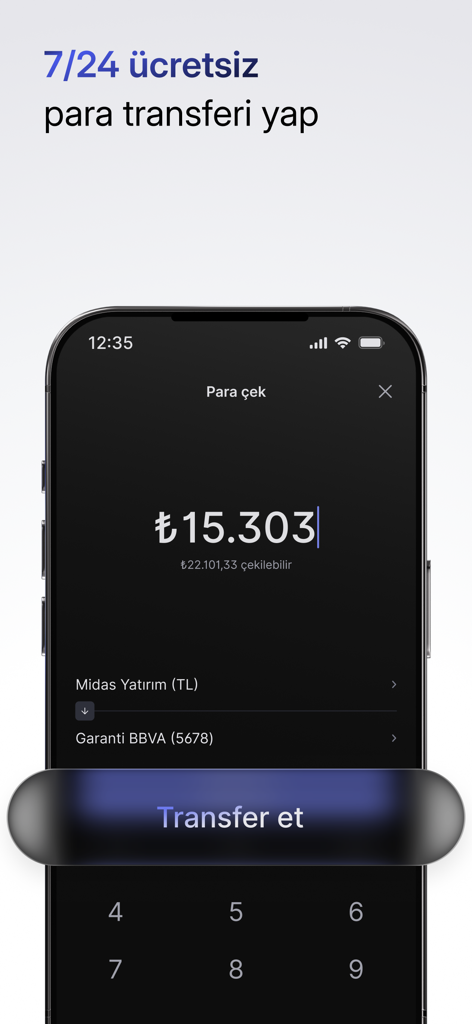 Midas: Borsa Hisse Alım Satım - Interface of the Midas app showing 24/7 free money transfer in Turkish Lira