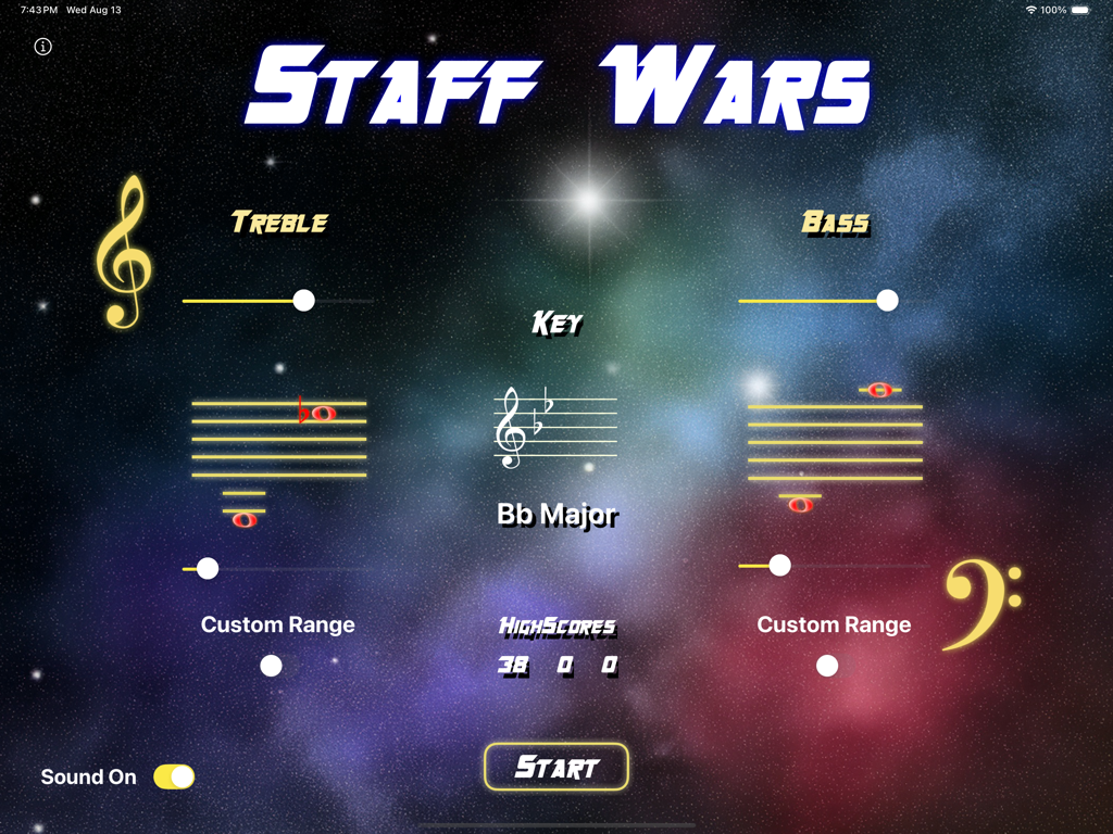 StaffWars - GrandStaff - Pantalla de configuración de StaffWars GrandStaff que muestra la personalización del rango de clave de sol y fa sobre un fondo espacial