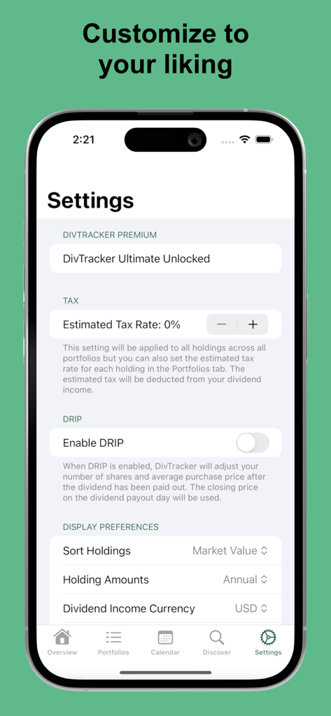 Settings screen of the DivTracker app showing options for tax rates and dividend reinvestment