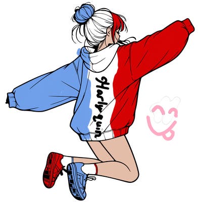 realistic girl jumping with a bun and oversized sweatshirt