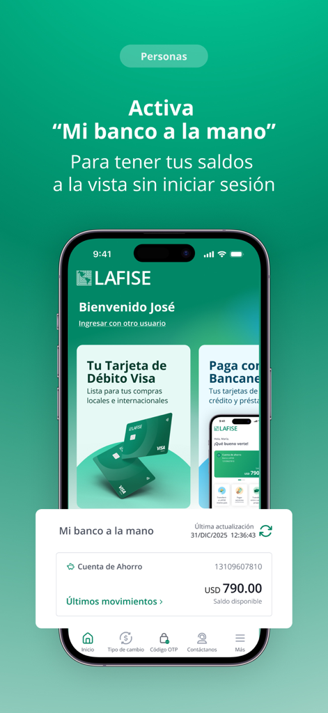 LAFISE Bancanet - LAFISE Bancanet app interface showing the quick balance feature without login