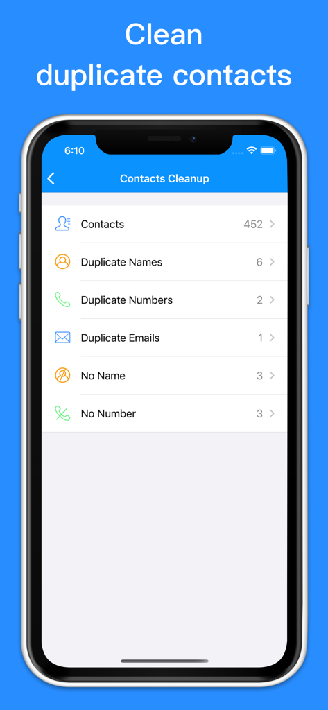 Cleaner - Clean Storage - Captura de pantalla de iPhone mostrando la pantalla de Limpieza de Contactos de la app Cleaner con opciones para gestionar nombres y números duplicados