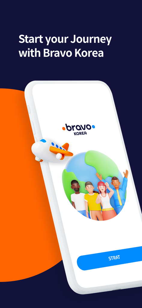 Bravo Korea 온보딩 화면. 다양한 여행자들이 지구본과 비행기 옆에 서 있는 3D 일러스트가 있습니다.