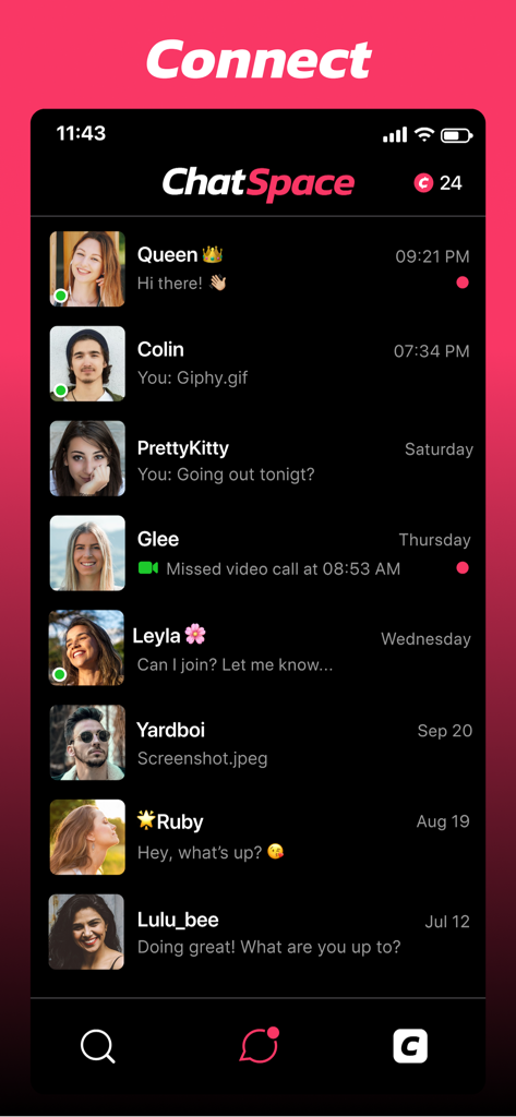 The ChatSpace app interface displaying a list of recent messages and online users.