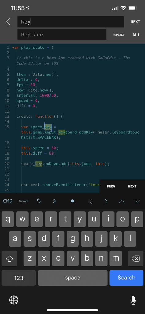 JavaScript 구문 강조 표시 및 검색 및 바꾸기 기능을 보여주는 iPhone의 GoCoEdit 모바일 앱 인터페이스