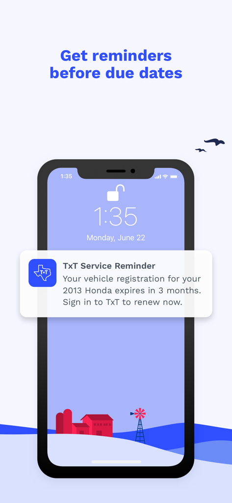 Texas by Texas (TxT) - Smartphone displaying a Texas by Texas app notification for vehicle registration renewal