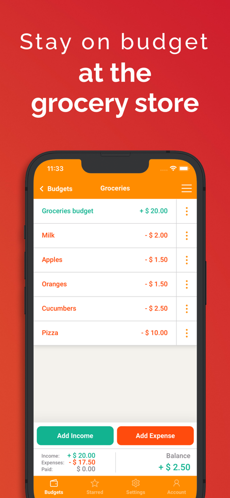Fudget: Monthly Budget Planner - A mobile phone screen displaying the Fudget app with a list of grocery items and their prices to stay on budget