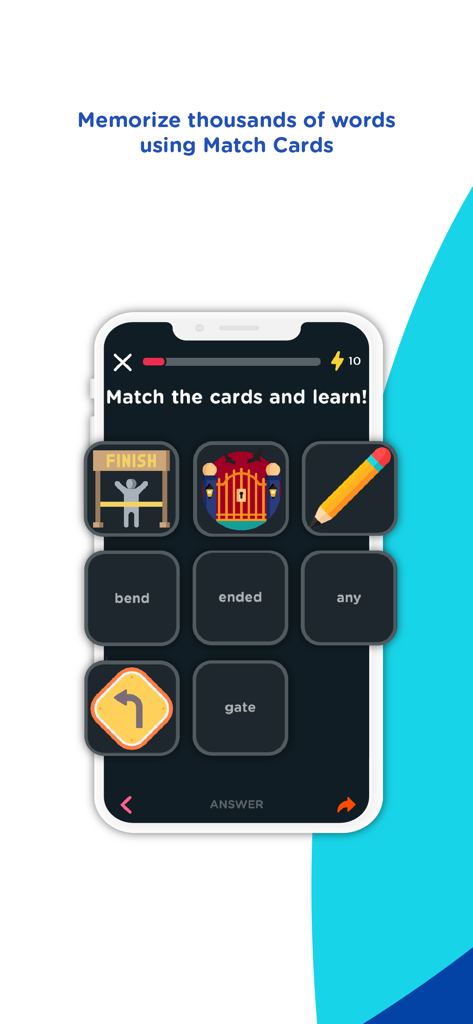 English with Tiffani - Un juego gamificado de emparejar vocabulario en la aplicación English with Tiffani que muestra íconos y palabras correspondientes.