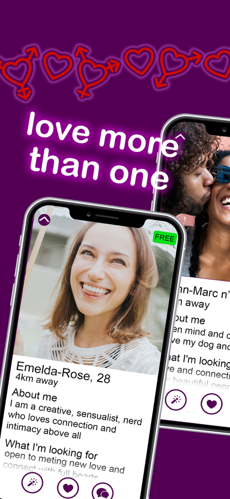 PolyFinda - Polyamorous Dating - Mobile phone screens showing user profiles on the PolyFinda polyamorous dating app with the slogan love more than one