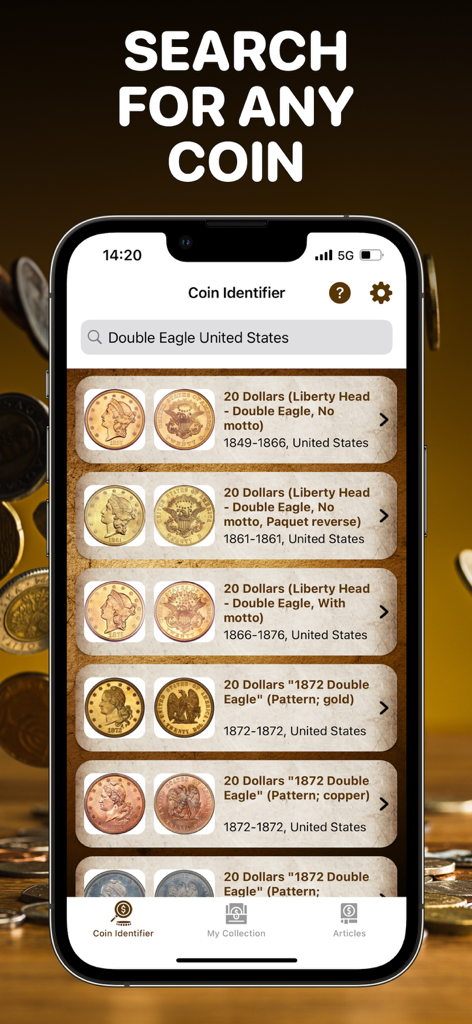 Coin Value Checker - Pantalla de la aplicación que muestra una búsqueda de monedas Double Eagle de los Estados Unidos.