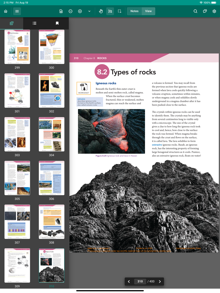 Box of Books Reader - Digital textbook reader on an iPad displaying a science lesson about igneous rocks with page thumbnails