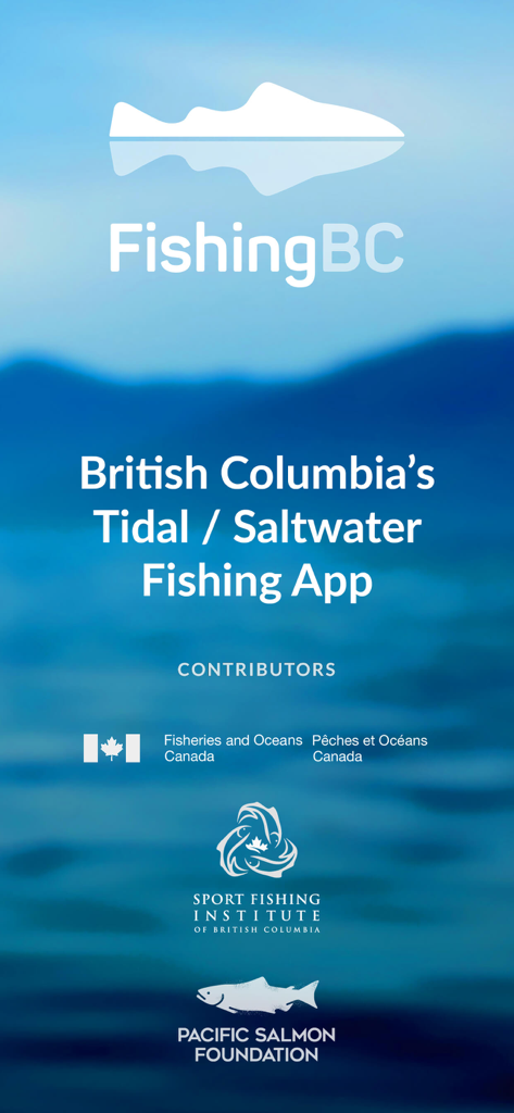 FishingBC - Splash screen for the FishingBC tidal and saltwater fishing app showing contributor logos