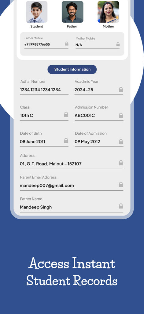Interfaccia dell'app mobile che mostra informazioni dettagliate sul profilo dello studente, inclusi anno accademico, classe e dettagli di contatto dei genitori