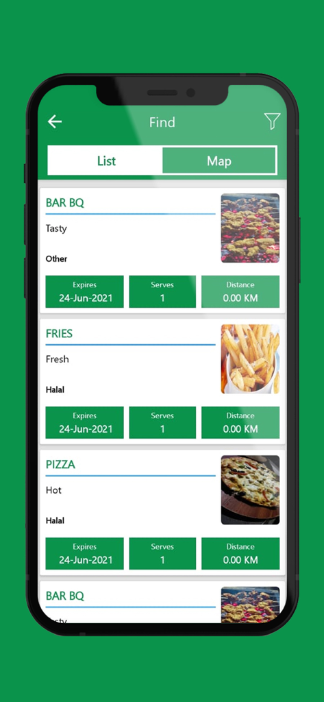Tela do aplicativo Feed It Forward exibindo uma lista de itens alimentícios disponíveis como churrasco e pizza.