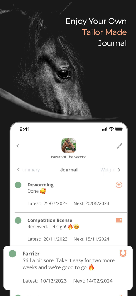 HÆSTR: Horse Care App - A phone screen displaying the Haestr app journal with horse health tasks and appointment reminders