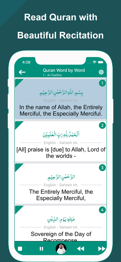 Interfaccia dell'app Traduzione parola per parola del Corano che mostra i versi con traduzione in inglese e lettore audio