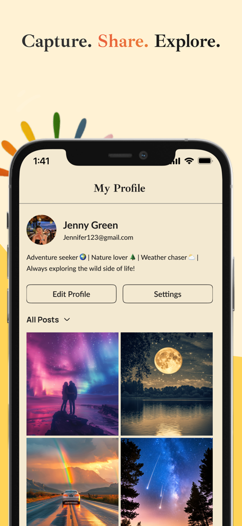 Look Look App - Look Look App user profile page showcasing shared photos of weather phenomena like auroras and rainbows