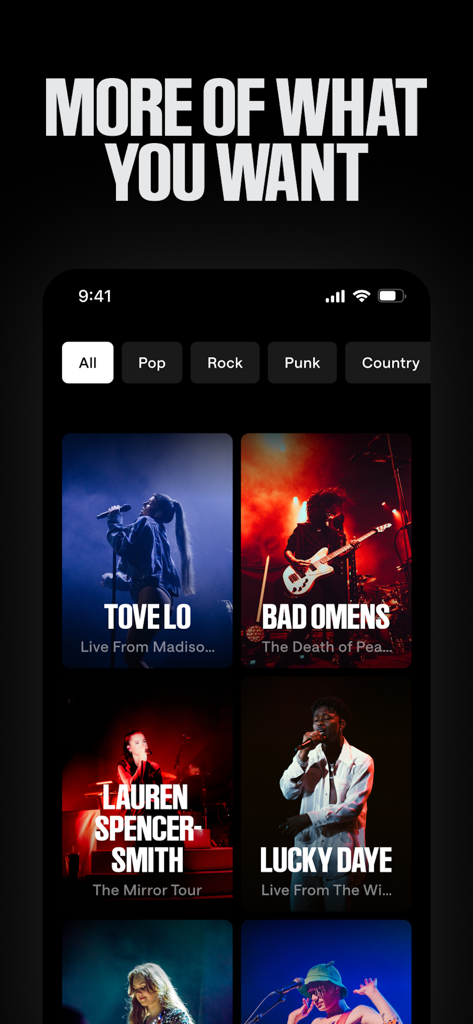 Veeps app interface showing various live music concert options with genre filters like Pop, Rock, and Country.