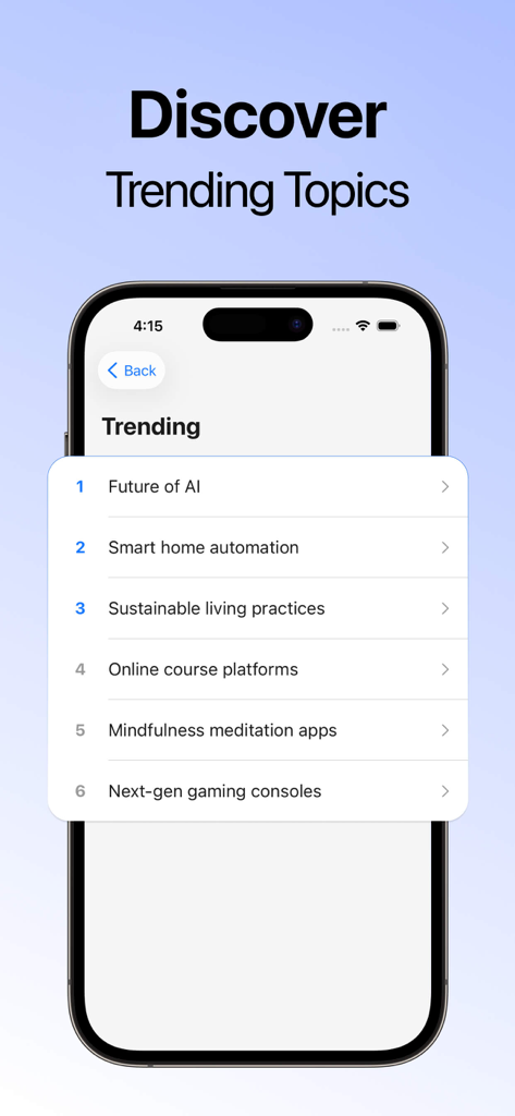 Seekee AI - Search & Assistant - Interfaz de la aplicación Seekee AI que muestra una lista de temas de tendencia que incluyen el Futuro de la IA y la automatización del hogar inteligente
