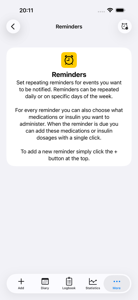 Interface do aplicativo DiabetesPal mostrando a seção Lembretes para definir horários de medicação e insulina