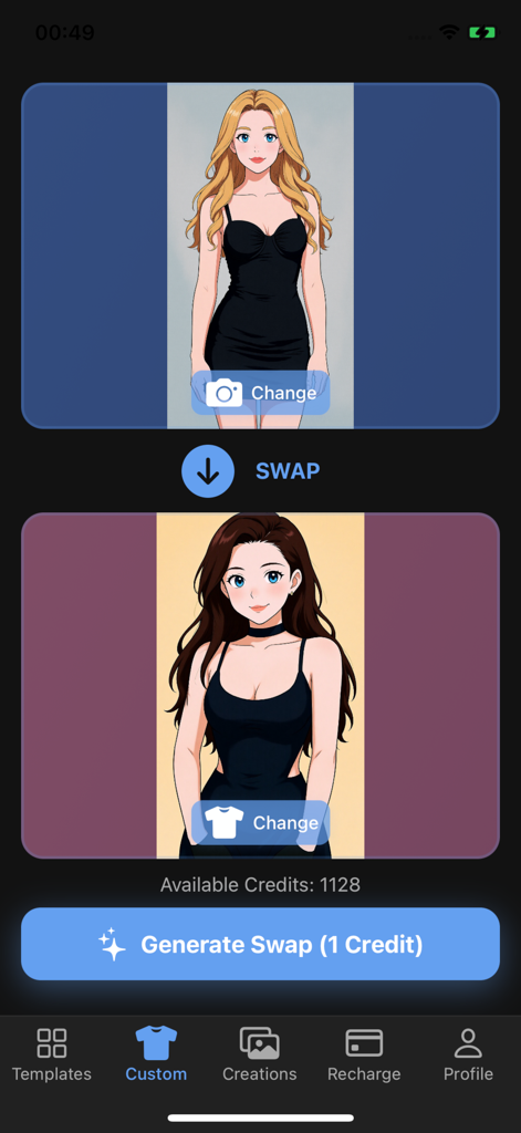 SirenAIモバイルアプリのカスタムインターフェースに、AIキャラクターと衣装の交換機能が表示されています。