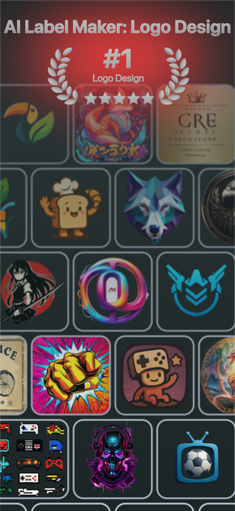 Kittl AI Studio — Logo Design - Une grille de présentation de logos et d'avatars divers générés par IA, incluant des mascottes, des symboles minimalistes et des marques illustratives.